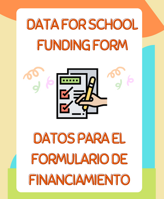  words "data for school funding form" and image of a hand filling out a form on a clipboard